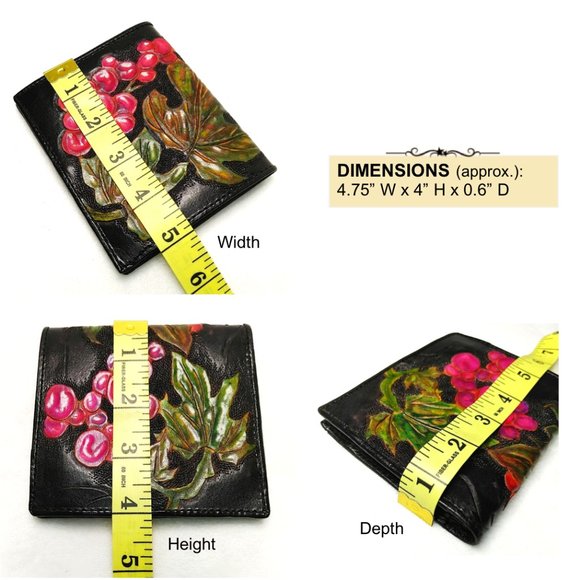 Hand Painted Wallet Red Motif Black Genuine Leather Coin Purse Bifold Cardholder - Picture 9 of 10